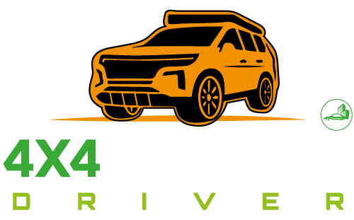 4x4 private driver logo: Exclusive transport service with kitchen, fridge, and power for up to 4 people